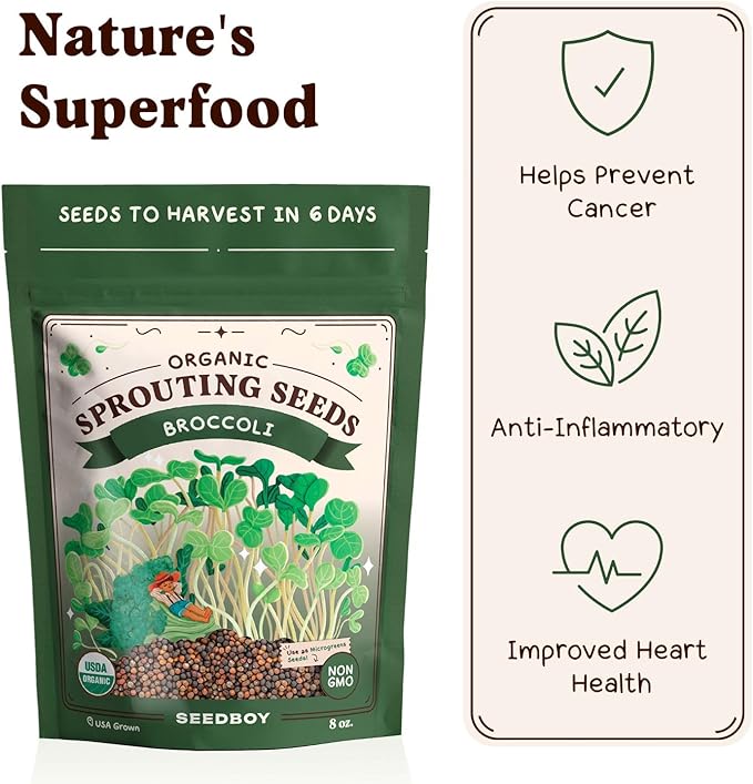 Organic Broccoli Seeds for Sprouting - Non-GMO, USA Grown Broccoli Microgreens Sprouting Seeds Mix - Makes 8 Quarts of Sprouts, 24 Servings (8 oz) (Broccoli)