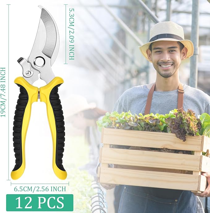Lothee 12 Pcs Pruning Shears Bulk for Gardening Flower Shears, Floral Scissors 7.5 Inch Bypass Garden Hand Shears Clippers for Cutting Flowers, Trimming Plants Heavy Duty Garden Tools(Yellow)