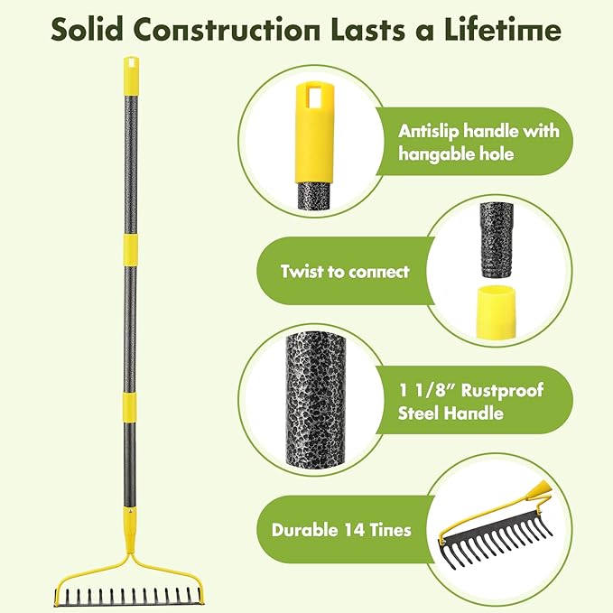 Garden Rake,14 Tines Heavy Duty Bow Rake for Lawns,60 Inch Long Handle Gardening Leaf Rake for Loosening Soil…