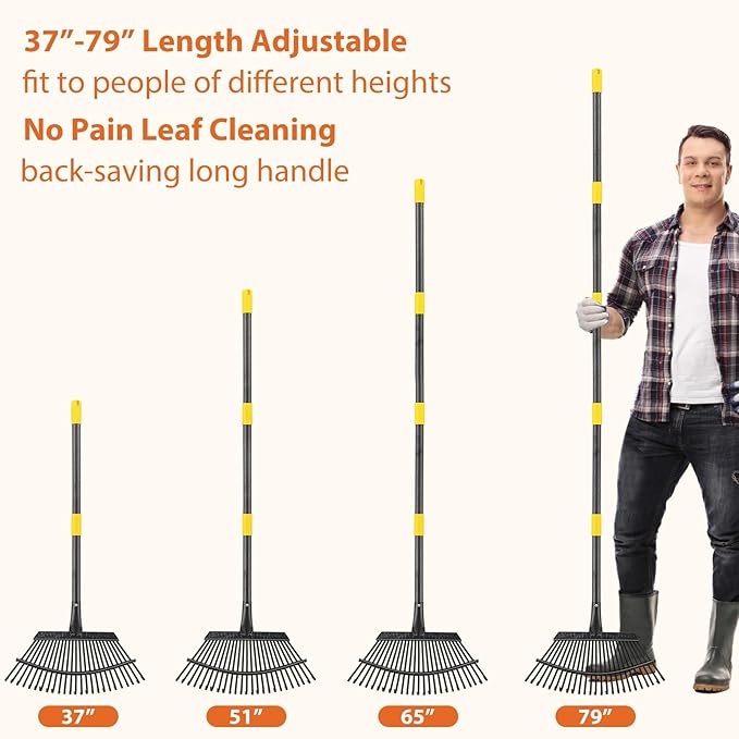 Rake, Gardening Rakes for Leaves Lawns Heavy Duty, 79 in Leaf Rake with 25 Clog-Free Tines, 18.5” Wide Large Rake Head, Metal Garden Tools for Yard Quick Cleanup Garss, Debris, Detachable for Camping