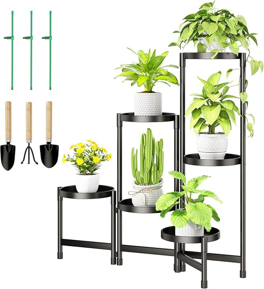 6-Tier Metal Plant Stand Indoor, Foldable Corner Plant Shelf Outdoor, Rotatable Tiered Tall Plant Stand, Black Multiple Plant Stands for Patio Living Room Balcony Garden Home Decor