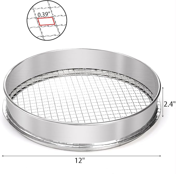 Suwimut Soil Sifter for Gardening, 12 Inch Large Stainless Steel Soil Sieve with 0.39 Inch Mesh, Garden Sifting Screen for Dirt, Sand, Rock, Filtration, Compost and Bonsai