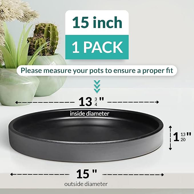 Willowy 15 Inch Black Ceramic Plant Saucer - Plant Drip Trays for 12,13,14 Inch Planters - Plant Saucers for Indoors - Plant Trays for Pots - Plant Pot Saucers - Plant Water Tray - Plant Dishes Saucer