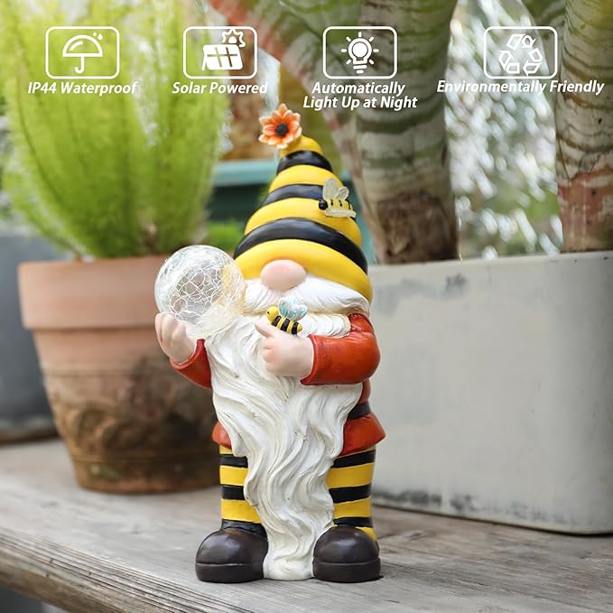 Solar Garden Gnome Statue, Resin Bee Gnome Figurine with Flower and Crackle Glass Globe Lights for Outdoor Decor, Porch Patio Yard Decorations, Garden Gifts for Mom