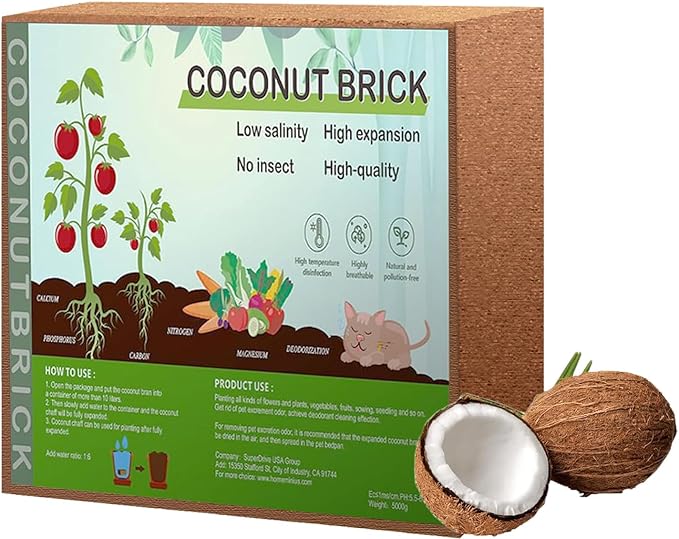 Premium Coco Coir Brick, 11Lbs High Nutrient Compressed Coconut Soil, OMRI 100% Organic Low EC & PH Balanced Potting Soil for All Plants Gardening, Hydroponics and Reptile Substrate (5KG)
