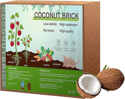 Premium Coco Coir Brick, 11Lbs High Nutrient Compressed Coconut Soil, OMRI 100% Organic Low EC & PH Balanced Potting Soil for All Plants Gardening, Hydroponics and Reptile Substrate (5KG)