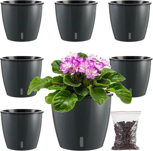Planterhoma 6.7 Inch Self Watering Pots for Indoor Plants, 6 Packs African Violet Pots with Water Indicator and Black Wick Pots, Self Watering Planters for Devil's Ivy, Indoor Plant Pots, Grey Gold