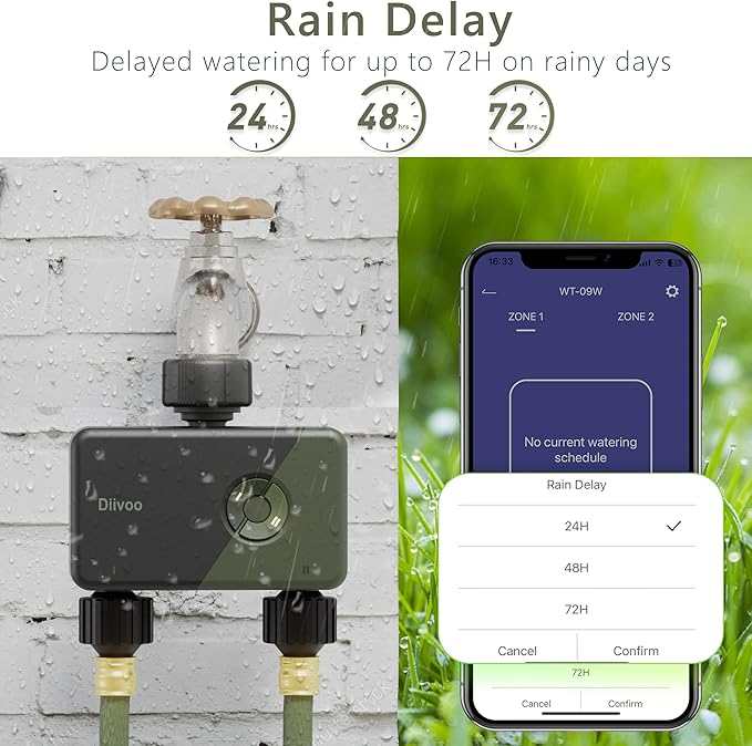 WiFi Sprinkler Timer 2 Zone, Diivoo Programmable Water Hose Timer 2 Outlet for Garden, Automatic Irrigation Timer IP54 with Rain Delay/Manual/Auto Mode, Outdoor Hose Timer Controller for Lawn, Yard