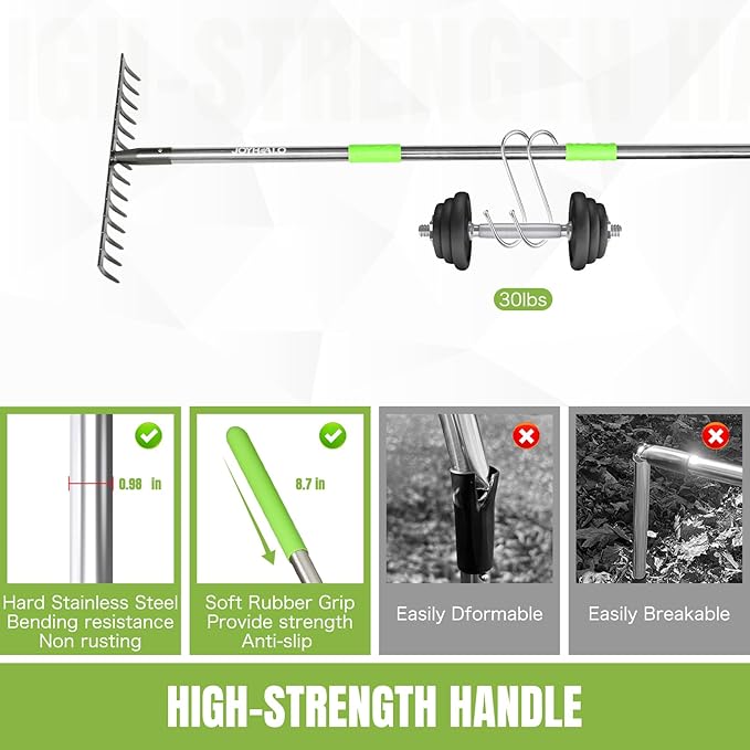 Joyhalo Rake for Leaves, 14 Tines Rakes for Gardening, Adjustable Length from 30.5 to 57 Inch Bow Rake, Metal Rake for Gardening, Rock Rake for Leveling, Loosening Soil