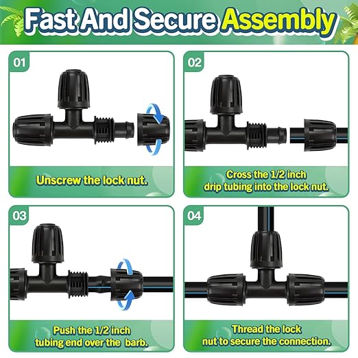 12 Pack Drip Irrigation Tee Fittings for 1/2 Inch Drip Tubing(1/2" ID x 0.65" OD), Anti-drop Barbed 1/2'' Drip Line Tee Connectors with Locked Nut for Garden Irrigation System Connection