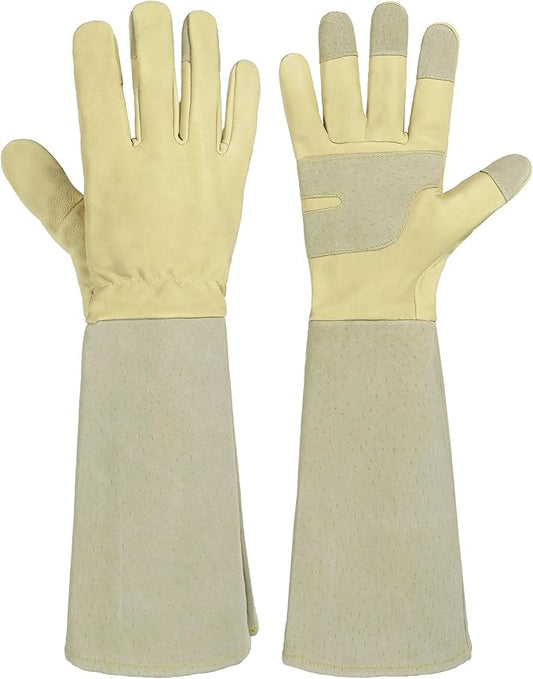 HANDLANDY Rose Pruning Gloves for Men & Women, Thorn Proof Long Garden Gloves, Gardening Gifts for Gardeners (Beige- Goatskin, X-Large (Pack of 1))