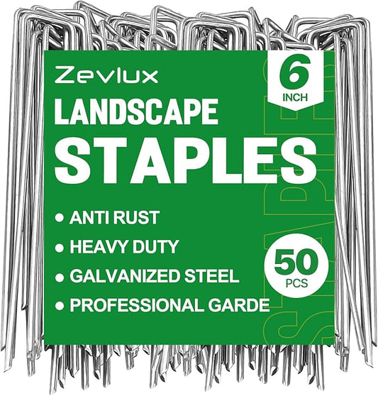 50pcs 6 Inch Garden Landscape Staples 11 Gauge Galvanized Lawn Stakes, Heavy Duty Sod Pins for Fences, Lawns, Weed Barriers, and Landscape Fabrics, Netting, Irrigation Hose, Floor Mats