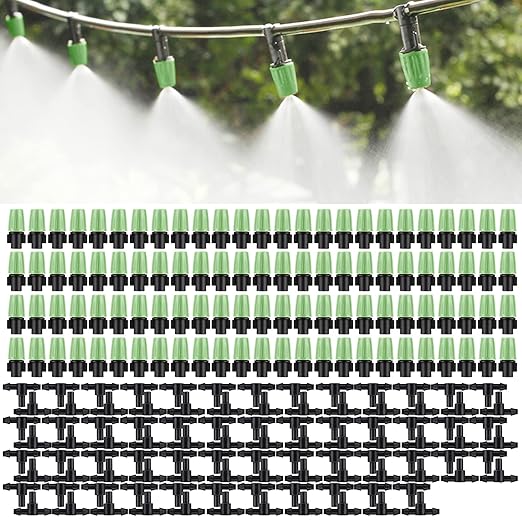 MSDADA 100pcs Micro Spray Adjustable Flow Irrigation Drippers, Garden Adjustable Sprinkler drip Irrigation Mister Heads with 3 Tee Irrigation Misting Drip Kit(Green)