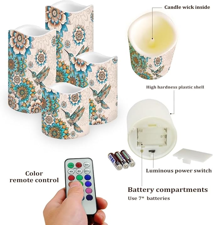 Ystardream Western Hummingbird Flameless Candles with Timer Led Candles Flickering 4 Candle Sets for Home Decor,18 Key Remote Control，Dancing Flames, True Wax, Battery Powered.