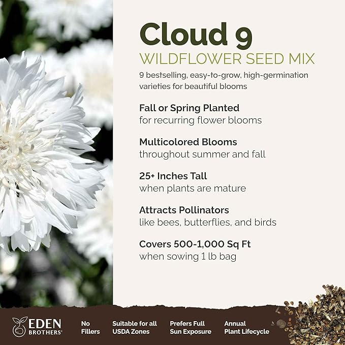 Eden Brothers Cloud 9 Flower Mixed Seeds for Planting, 1 lb, 480,000+ Seeds with White Candytuft, Cosmos Purity | Attracts Pollinators, Plant in Spring or Fall, Zones 3, 4, 5, 6, 7, 8, 9, 10
