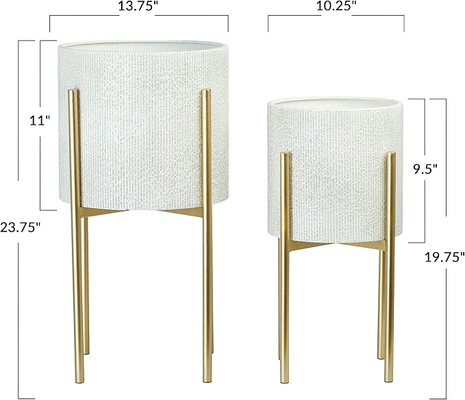 Main + Mesa Modern Boho Embossed Metal Planters with Stands, White and Gold, Set of 2 Sizes