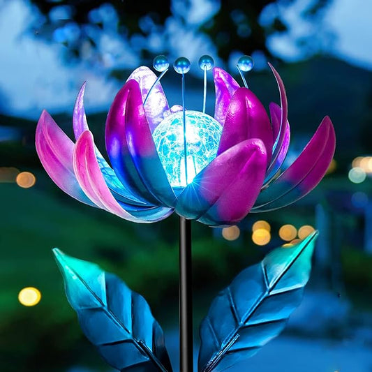 Solar Purple Metal Flower Wind Spinners, Colorful Spinning Windmill Lotus Yard Art Lights Wind Pinwheels with LED Crystal Ball Decorative Stake Lighting Flower Sculpture