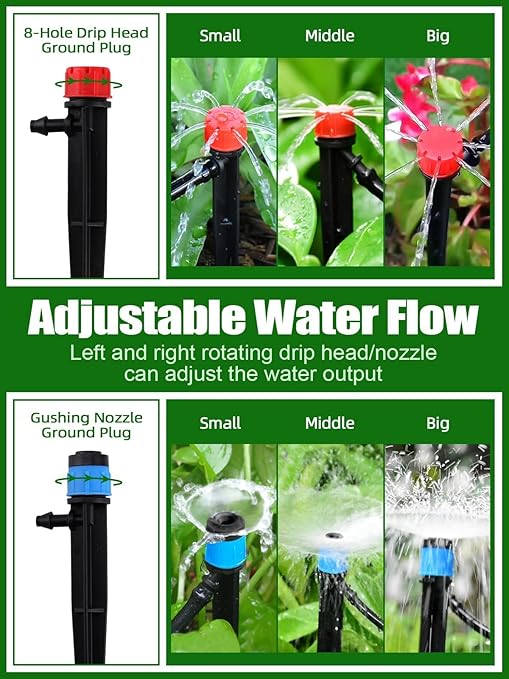 250FT Drip Irrigation Kit with Rotating Nozzle, Kalolary 1/4" 1/2" Automatic Garden Watering System with 4/7mm 16mm PE Tube Adjustable Micro Water Sprinkler Equipment for Patio Lawn Flower Bed