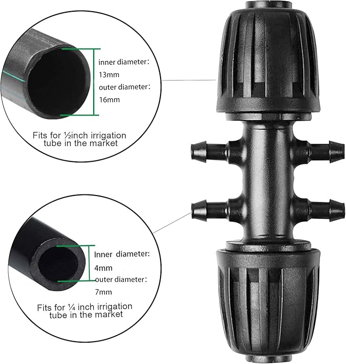 10PCS Barbed Tee 1/2 inch to 1/4 inch Irrigation Tube Anti-Drop Drip Irrigation Parts (13mm ID/4mm ID),Drip Irrigation System Fits 16 mm Drip Tape Tubing,4mm ID 7mm OD Hose Connector, 6-Way Adapte