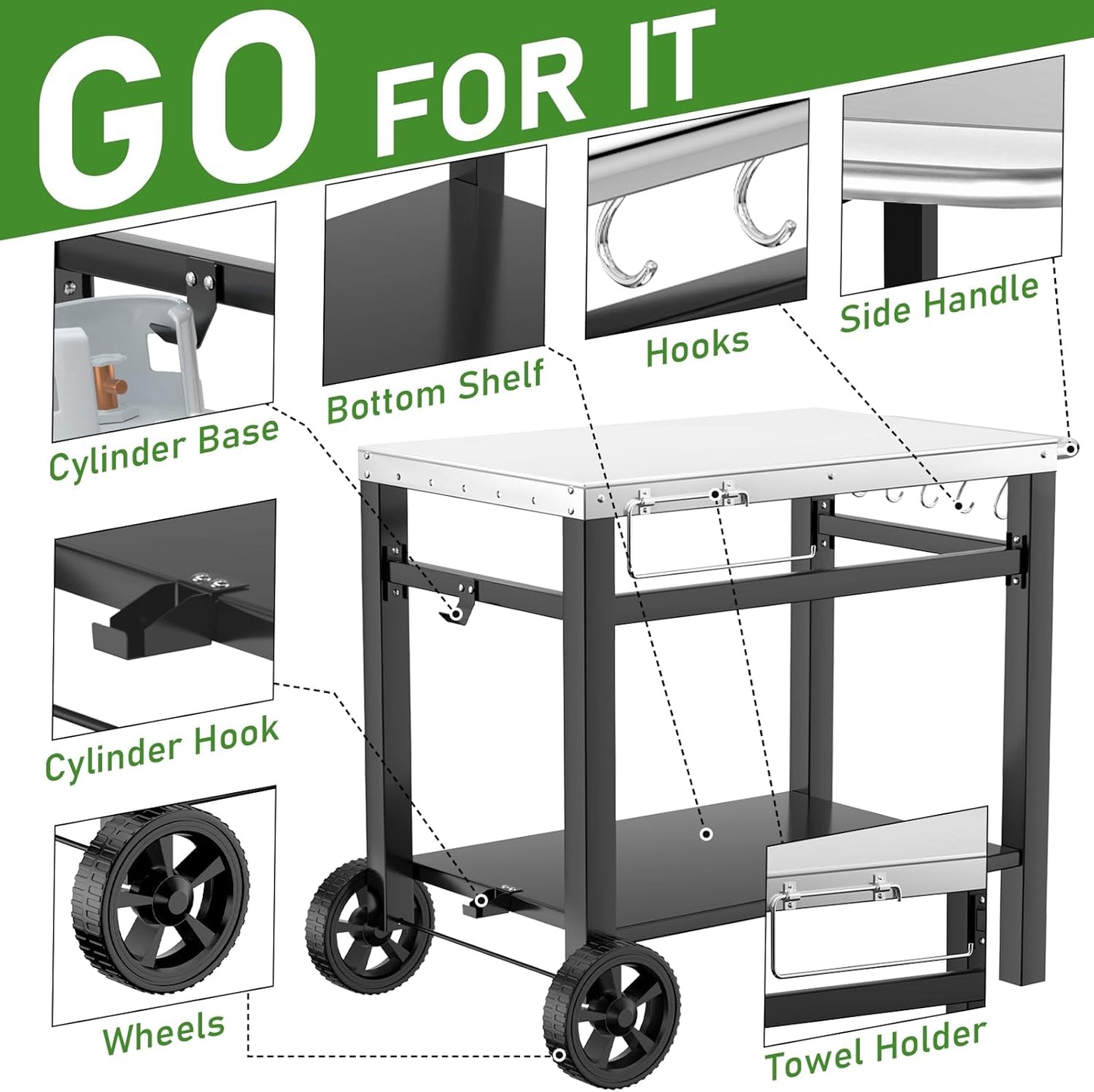 34x21IN Outdoor Grill Table, Grill Stand Cart for Ninja Woodfire & Blackstone Griddle, Pizza Oven Table for Outside, Extra-Wide Stainless Steel Cart with Wheels for Kitchen Food Prep Table