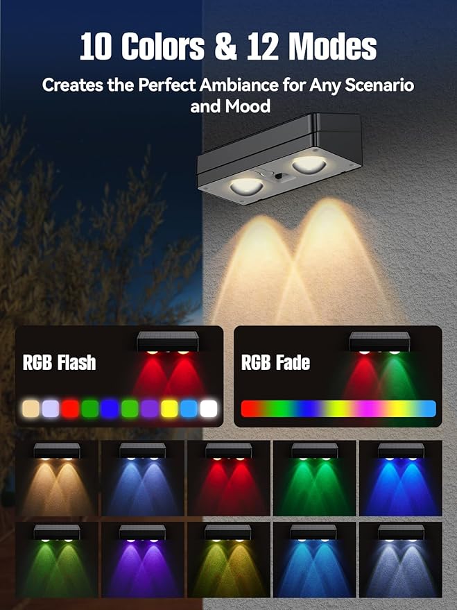 Solar Fence Lights 12 Pack, RGB Fence Solar Lights Outdoor Waterproof Led, 12 Modes Color Changing Outside Lightings Decor for Wall Railing Patio Deck Backyard Garden Pool