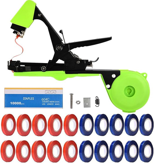 SUCA Plant Tying Machine, Plant Tape Cattle Panels for Garden,Plant Vine Tying Tool with 10000pcs Staples 21 Rolls Tape Plant Tape Gun for Grapes,Tapener (tapetool set1pcs), Green