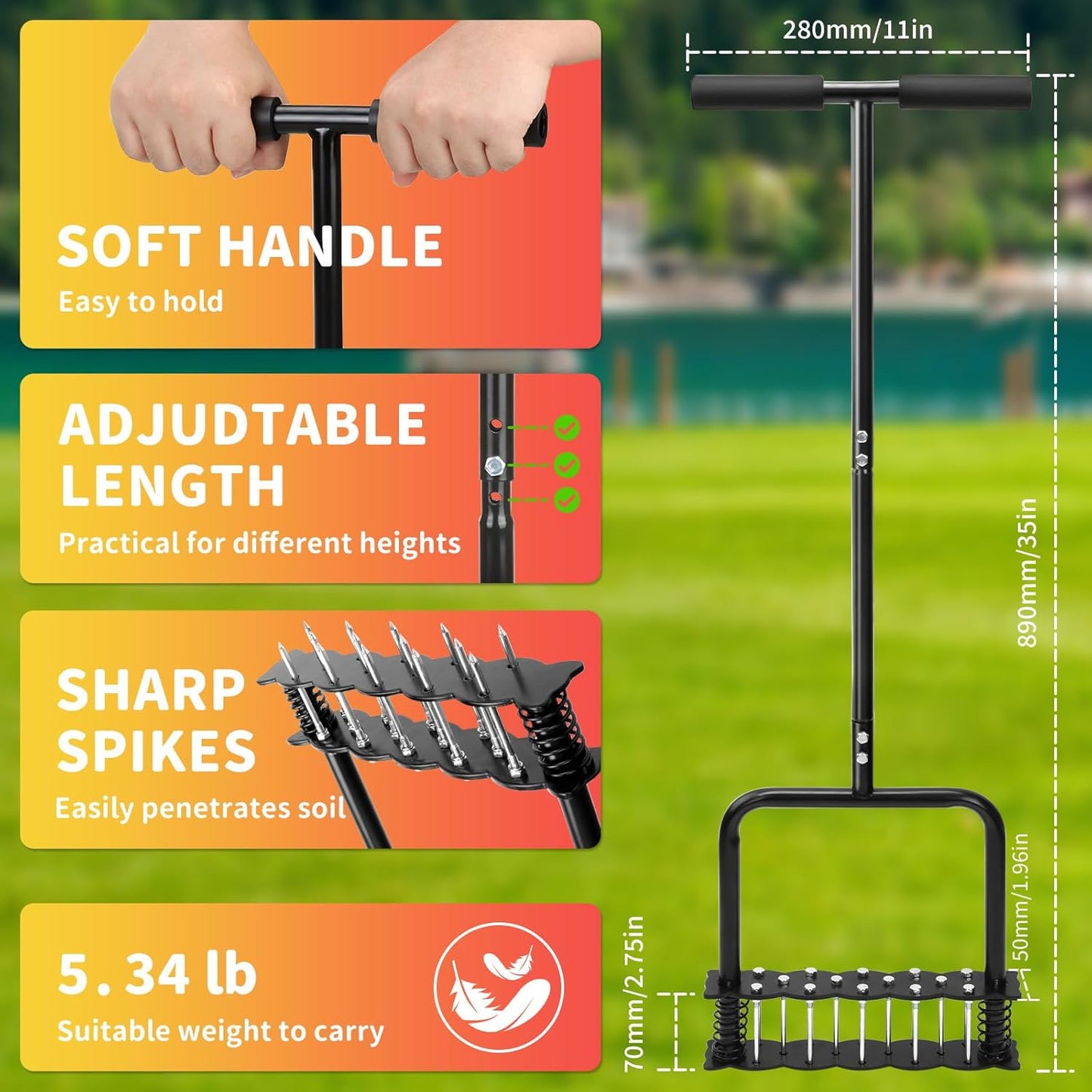 Aerator Lawn Tool, Lawn Aerator with 14 Spikes, Automatic Dirt and Leaf Clean with Spring-Loaded Design, Metal Manual Aerator for Loosening Soil Aerating Patio, Yard, Garden (Black)