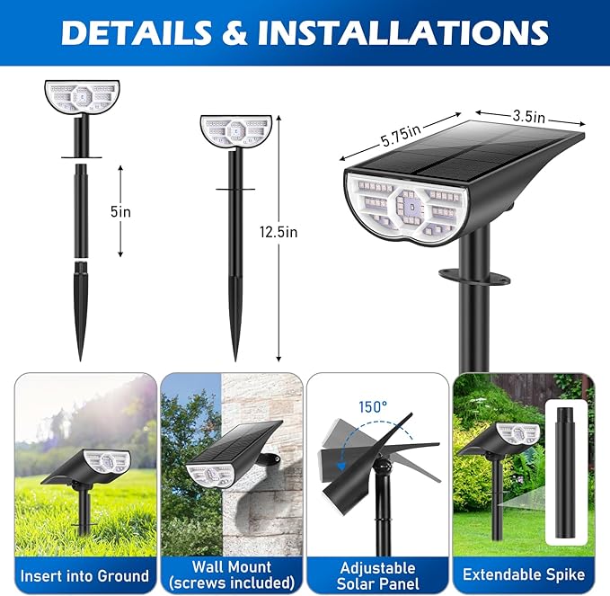 TOBUSA Solar Spot Lights Outdoor Waterproof, RGB Solar Color Changing Lights with 9 Lighting Modes, Multi-Color Solar Powered Landscape Spotlights for Holiday Decorations Yard Garden Pathway, 2-Pack