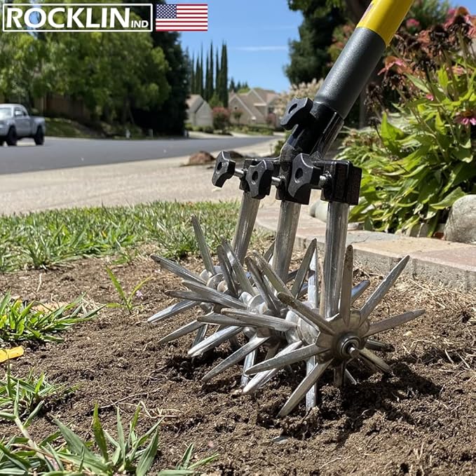 Rocklin Rotary Cultivator Tool - 60” Extra Long Handle - Reinforced Tines - Reseeding Grass or Soil Mixing - All Metal, No Plastic Structural Components - Cultivate Easily
