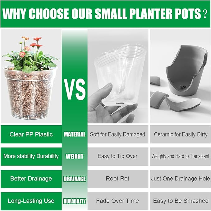 50 Pack 2.5 Inch Clear Nursery Pots for Plants, Sturdy Plastic Plant Pot for Planting Vegetables Flowers Seedlings, Transparent Seed Starter Pots with Drainage Holes(50P-2.5" Clear)