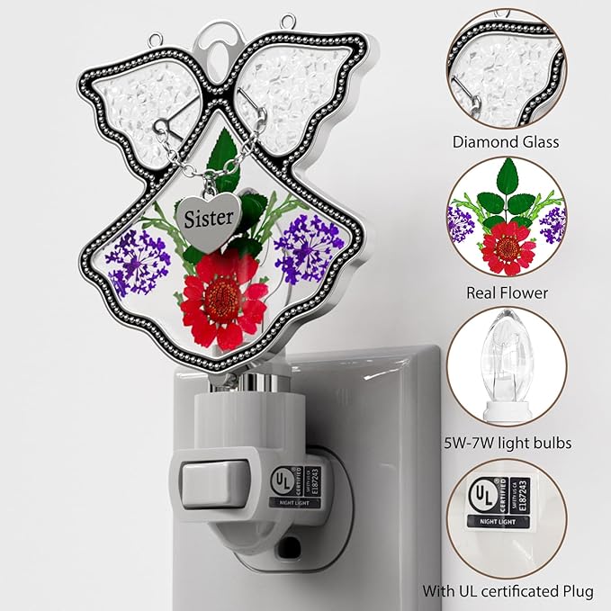 KY&BOSAM Angel Sister Night Light Flower in Glass with Metal Trim Sister Heart Night Light Nursery Bedroom Bathroom Decorative Accent Lite Elegant Home Decoration, Guardian Butte