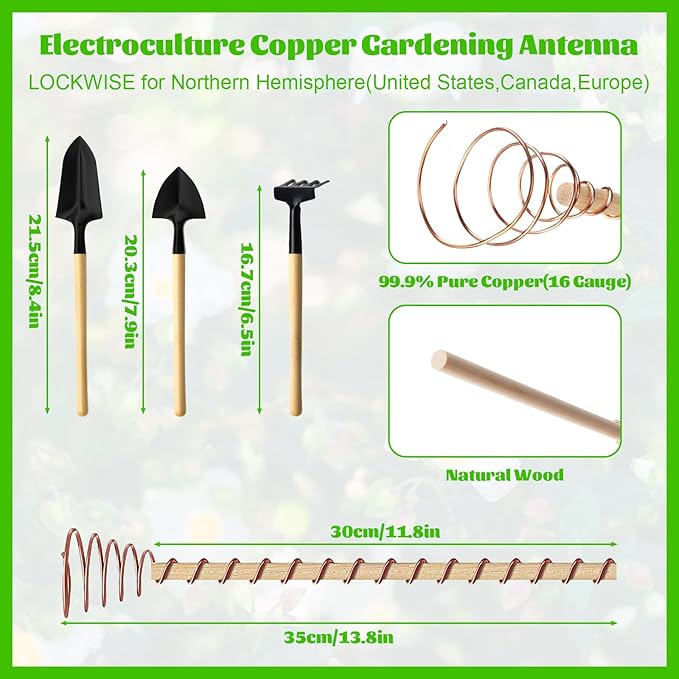 18 Pack 13.8" Electroculture Copper Gardening Antenna, Long Electroculture Plant Stakes, Copper Coils for Gardening Plants Fruits Vegetables Growth, High-Yield,Eco-Friendly, 3 Garden Tools Included