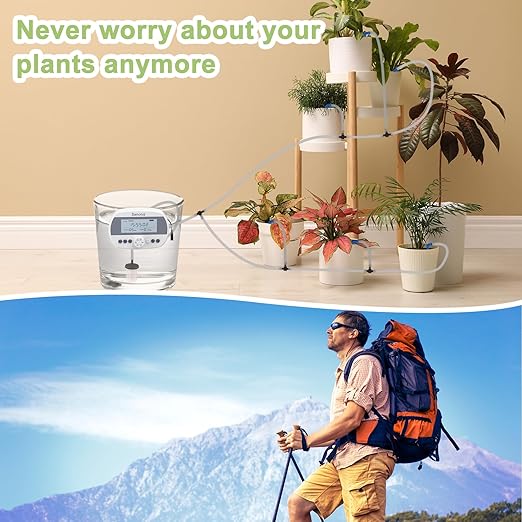 Automatic Drip Irrigation System Kit, 15 Potted Plants Indoor Automatic Watering System, Drip Irrigation System for Garden with Water Timer and LCD Display, Easy DIY Watering Device