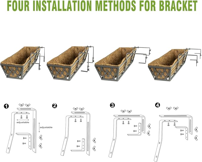 4 Pack 30 Inch Window Boxes Planters Railing Planter Box with Adjustable Brackets for Porch Fence Patio Balcony Hanging Flower Baskets with Coco Liners for Outdoor Garden Decor - Grey