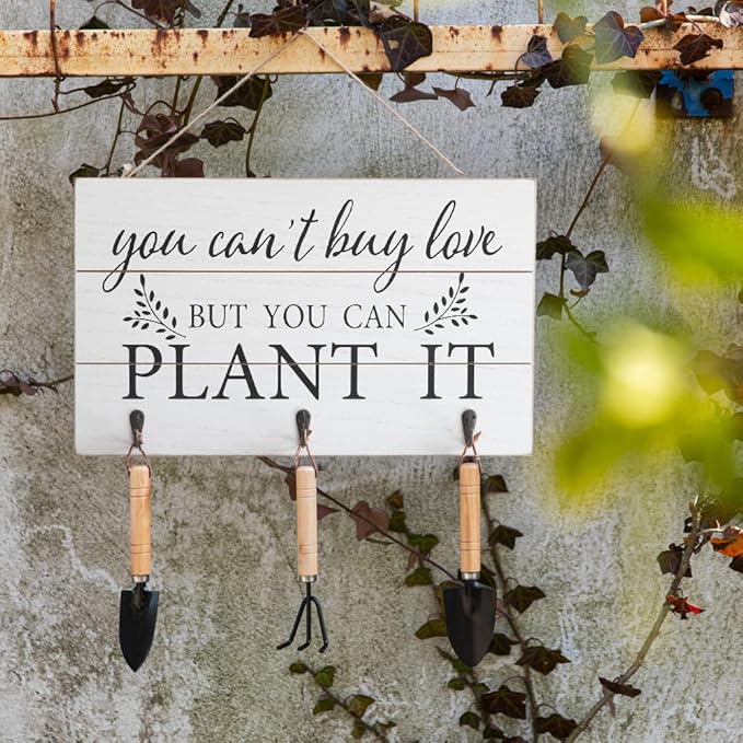 COLLECTIVE HOME - Garden Decor with Tools, Inspirational Wood Hanging Signs, Garden Tools Set - 3 Piece, Out Door Decor with Hooks, You Can't Buy Love BUT You CAN PALNT IT, 15.75"x9.5" (White)