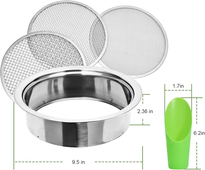 Soil Sieve Sifter Set Stainless Steel,Garden Sieve Set with 3 Interchangeable Mesh 1,3,5mm,Sifting Screen for Dirt, Sand, Rock, Filtration, Compost, with Soil Scoops Gardening Tool
