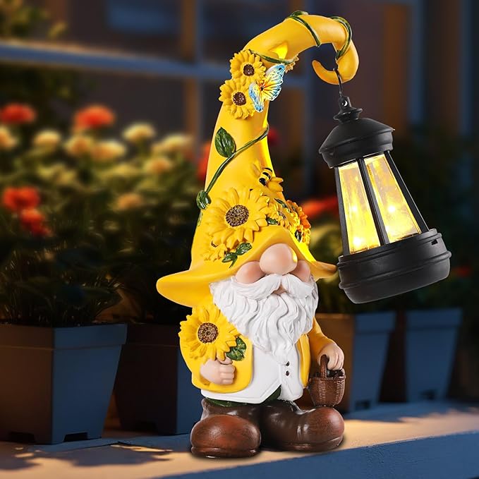 Solar Garden Decor - Sunflower Gnome Statue with Lantern 9.1" Garden Gnomes Outdoor Funny Solar Statues Yard Porch Lawn Patio Decor Gardening Gift for Women Mom Grandma Wife Girlfriend