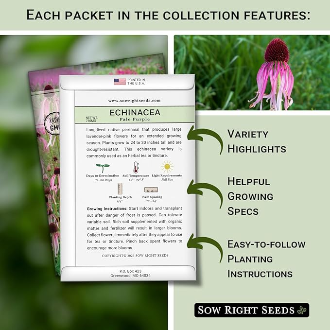 Sow Right Seeds - Large Flower Seed Collection - Coleus, Carnation, Daisy, Calendula, Alyssum, Echinacea, Lavender, Snapdragon & Zinnia - Non GMO Heirloom Seeds for Planting - 10 Packets