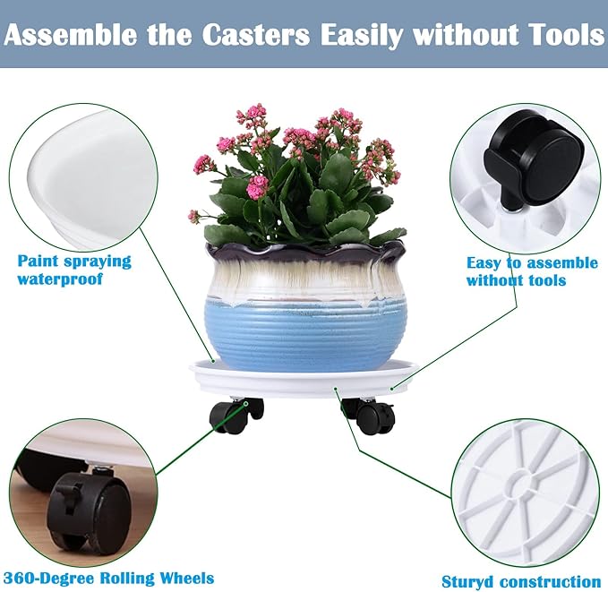 6 Packs Plant Caddy with Wheels 12" Plastic Rolling Plant Stands Heavy-Duty Plant Dolly with Casters Indoor Outdoor Plant Roller Base Plant Pot Saucers on Wheels Planter Mover, White