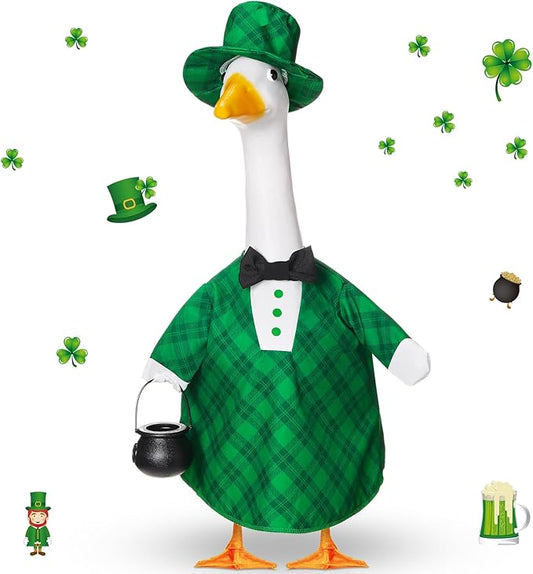 St Patrick's Green Plaid Goose Outfit Lawn Porch Goose Clothes 23 Inch St Patricks Day Outdoor Patio Yard Lawn Art Decoration
