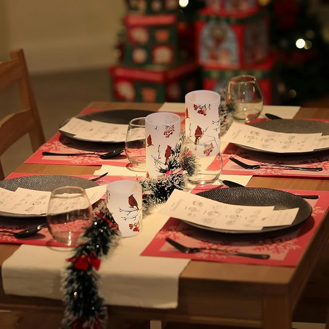 Cardinal Flameless Candles, 3 Pack LED Flickering Pillar Candles with Red Bird Decals, Real Wax Cardinal Home Decor for Halloween Christmas Decor(D3” x H4”5”6”)