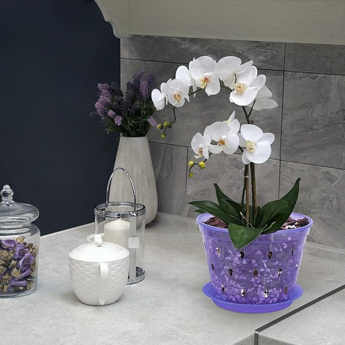 Orchid Pot, 6.7 Inch 8 Pack Orchid Pots with Holes and Saucers,Plastic Orchid Planter - Purple Amethyst