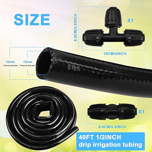Drip Irrigation Tubing, 40 FT 1/2 inch Main Drip Line Hose Tube with 1/2" Straight Connector and 3-Way Connector for Garden Watering Landscape Irrigation System
