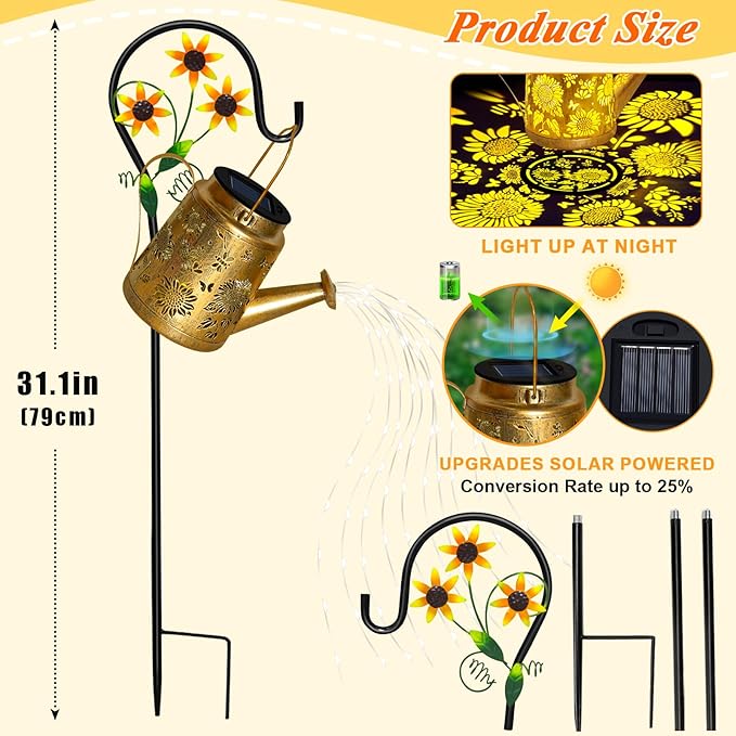 Solar Watering Can Lights Outdoor Garden Decor, Large Sunflower Hanging Lantern with Shepherd Hook, Yellow LED, Gold Finish, Floral Theme, Outdoor Decoration, Parties, Occasions