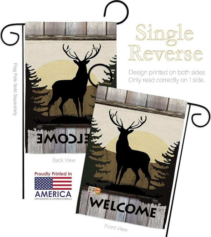 Welcome Deer Garden House Flags Kit Animals Wildlife Outdoor Bear Wolf Pet Nature Farm Animal Creature Small Decorative Gift Yard Banner Made In USA 28 X 40