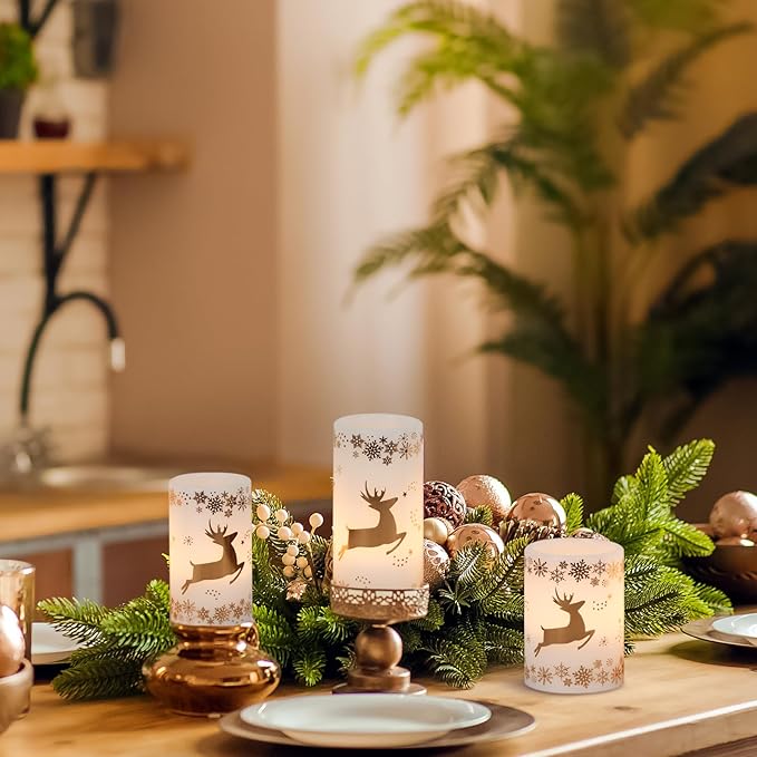 KunSween Christmas Flameless Candles with 6H Timer, 3 Pack LED Flickering Candles with Gold Deer Decals and Real Wax, Christmas Winter Decorations for Home Indoor Table Centerpieces