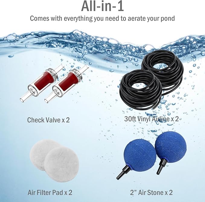 Pond Air Pump Pond Aerators for Outdoor Ponds up to 2000 Gallons, Flow Adjustable Pond Aerator Pump All-in-One Pond Aeration Kit with Airline Tubing Air Stones Check Valves