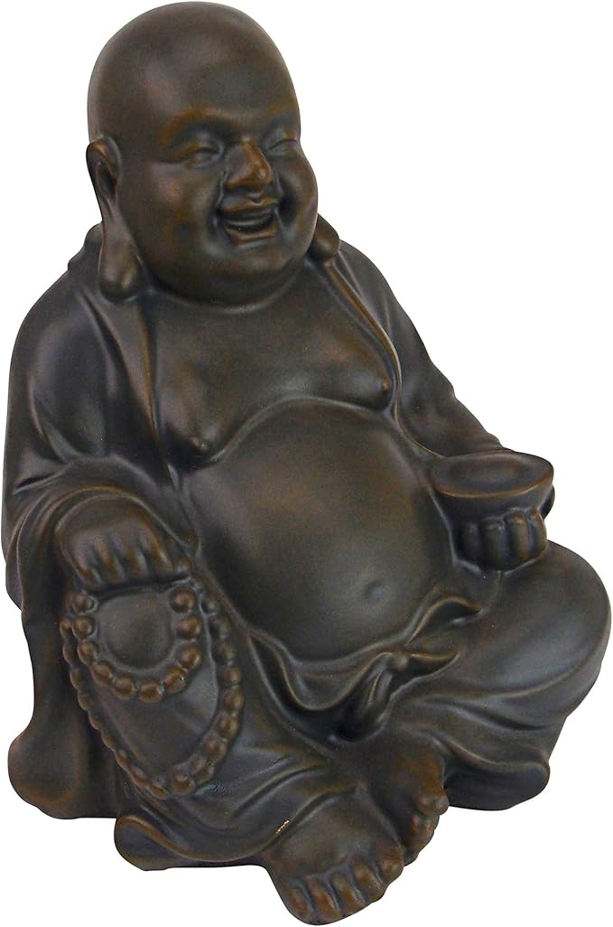 Design Toscano Laughing Asian Man Happy Hotei Garden Statue, Medium, 8 inches wide, 9 inches tall, Cast Stone Resin, Green Bronze Finish