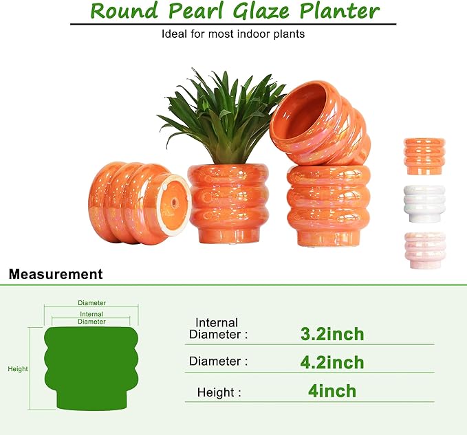 4.1 inch 4 pcs Ceramic Plant Pots for Indoor Plants, Rainbow Pearl Glaze Planter with Planters for Plants with Drainage Hole, Orchid Pots, Succulent Pot, Small Flower Pot (Orange)
