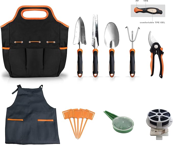 Garden Tool Set, 9 Pcs Stainless Steel Heavy Duty Garden Tool, Gardening Tools with Water Proof and Never Mould Tote, Gardening Gifts for Men and Women